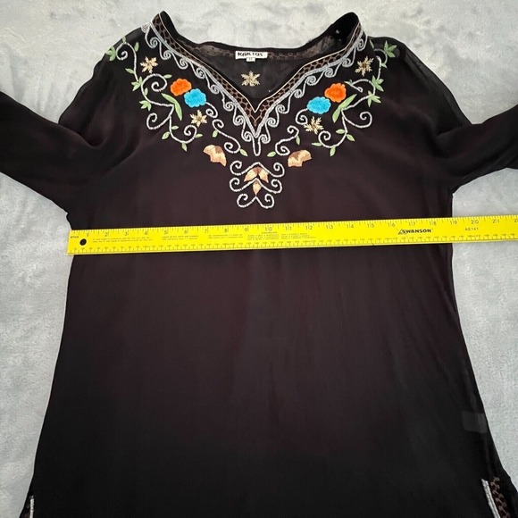 Vintage Womens Y2K Sheer Boho Beaded Embroidered Cover Up Tunic Top Sz M Black - Picture 7 of 11